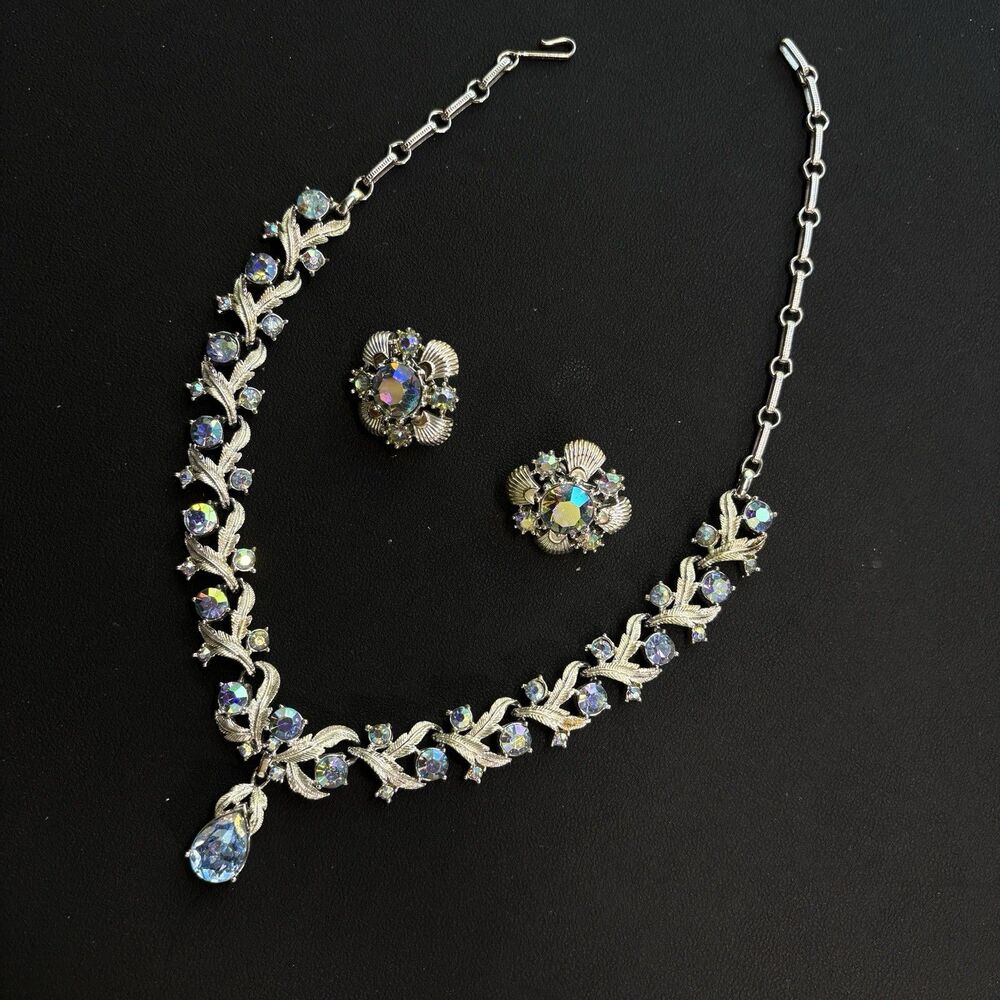 Vintage Coro AB Rhinestone Blue Teardrop Necklace Earrings Demi Parure Set